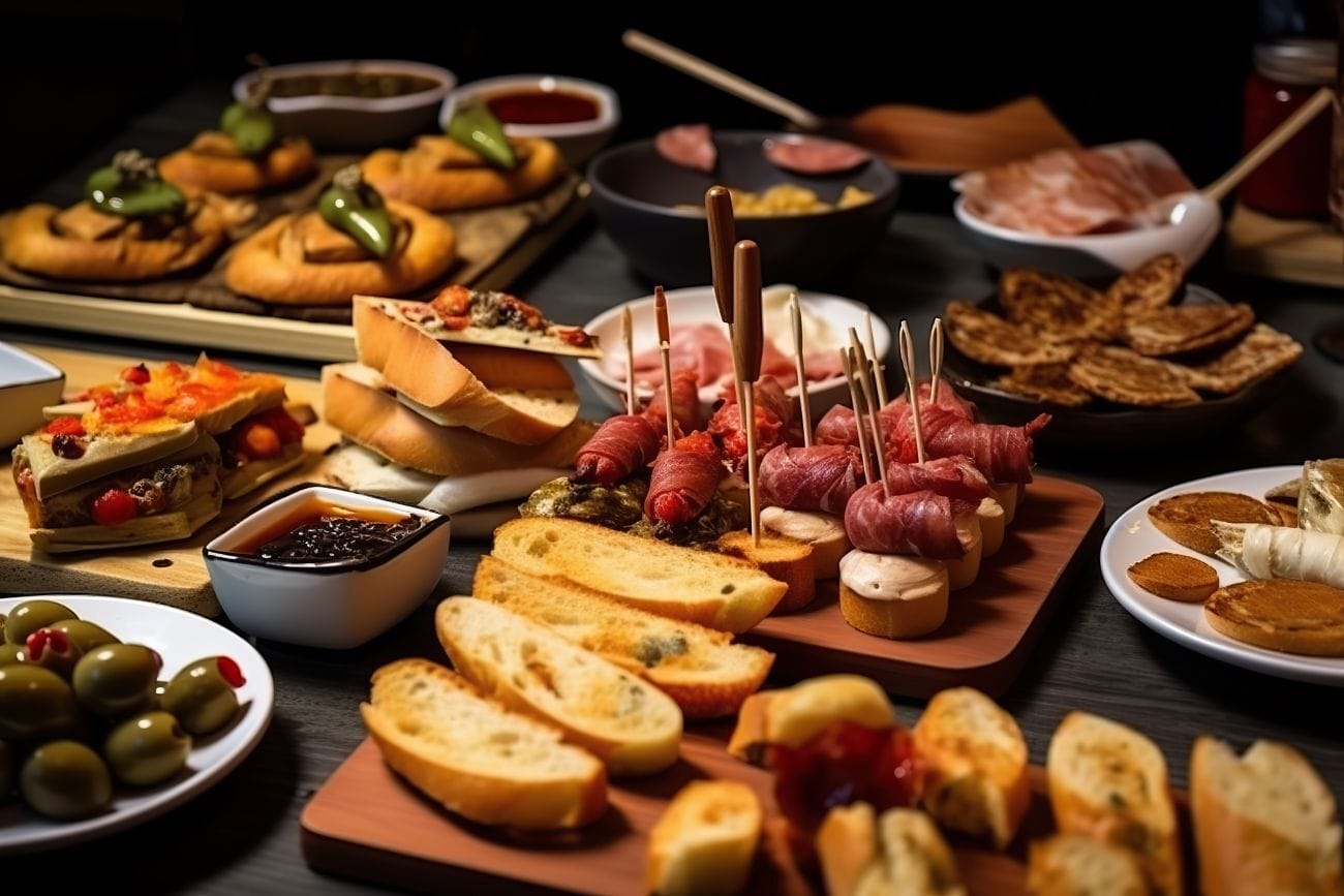 Foodie's Paradise: 8 Spain Restaurant in Bangkok That Will Transport You to Madrid 1 Close-up of appetizing Spanish tapas featuring anchovies and shrimp, served in a restaurant in San Sebastian, Donostia, Spain.