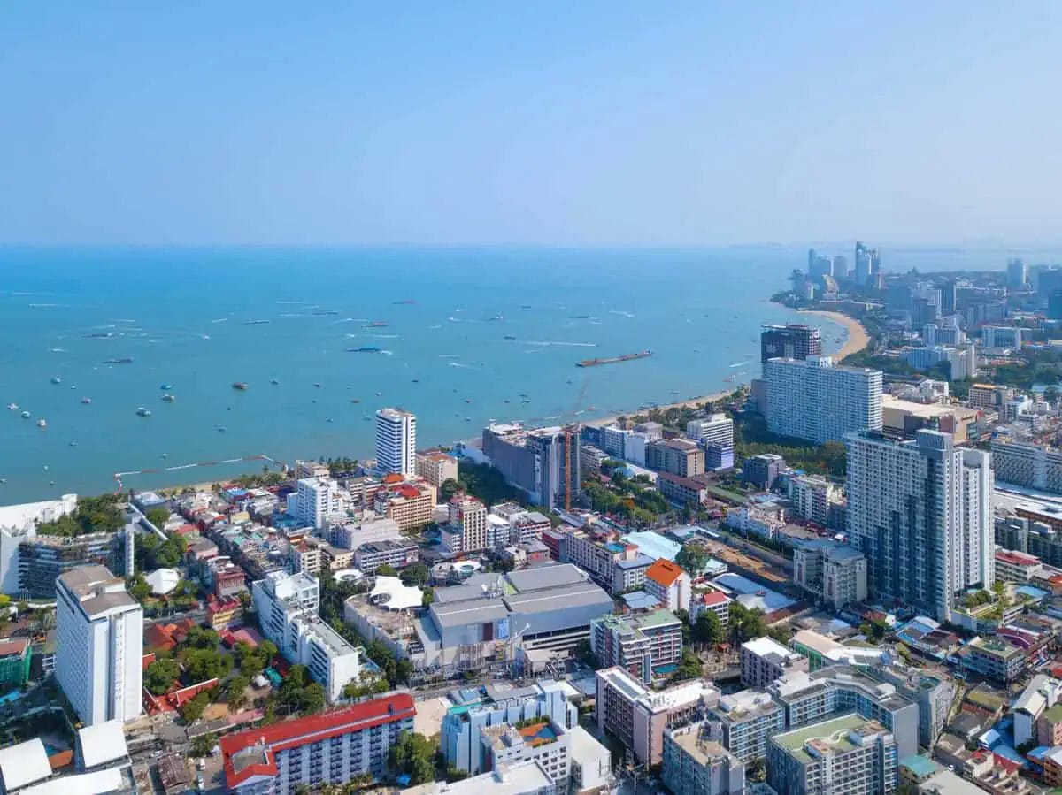 Daytime skyline of Pattaya with beaches and boats in the sea