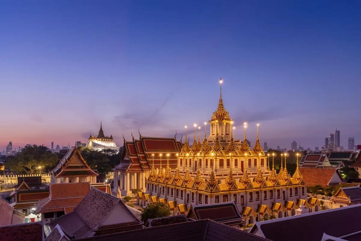 Discover the Spiritual Heart of Thailand: A Comprehensive Guide to the Temples of Bangkok 3 Morning glimpse of Loha Prasat, the Iron Castle Monastery at Wat Ratchanatdaram, along Ratchadamnoen Avenue in Bangkok, Thailand